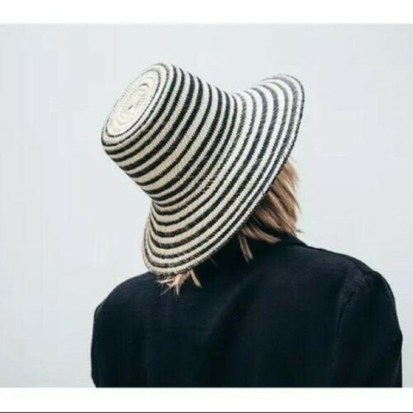 JANESSA LEONE‎ Iris Striped Natural Womens Medium Straw Bucket Hat NEW main image 5